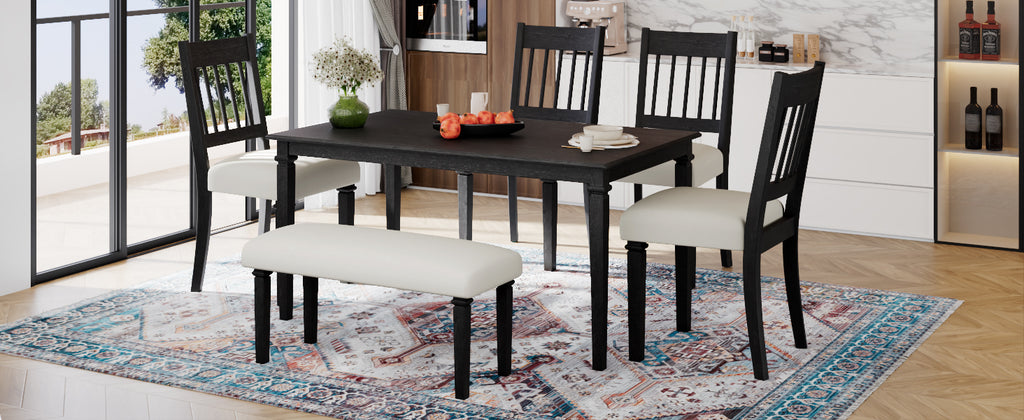 Full view of retro 6-piece dining set in bright kitchen, featuring black wood table, cushioned chairs, and bench for gatherings.