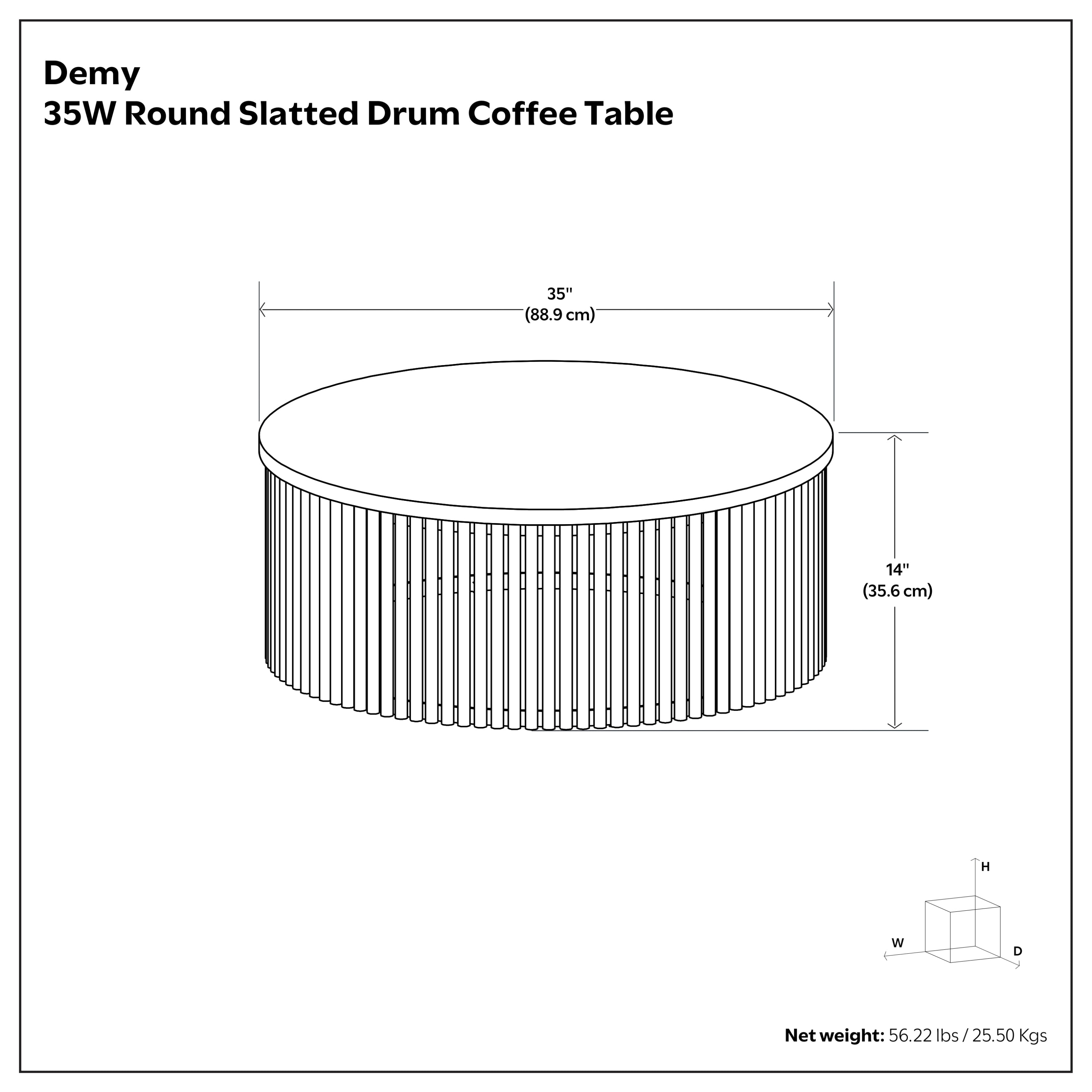 Demy Coffee Table dimensions diagram showing 35-inch width and 14-inch height, ideal for modern living spaces.