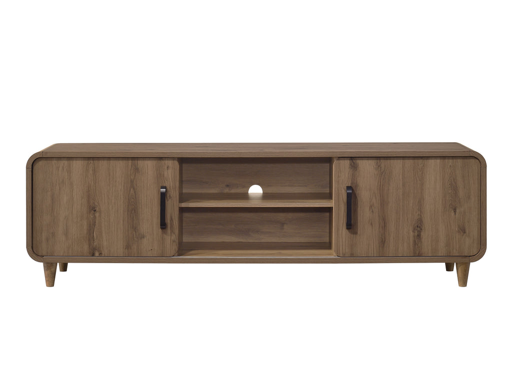 Mid-century modern wooden media console in brown with sliding doors, black handles, open shelving, and tapered legs.