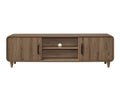 Mid-century modern wooden media console in brown with sliding doors, black handles, open shelving, and tapered legs.