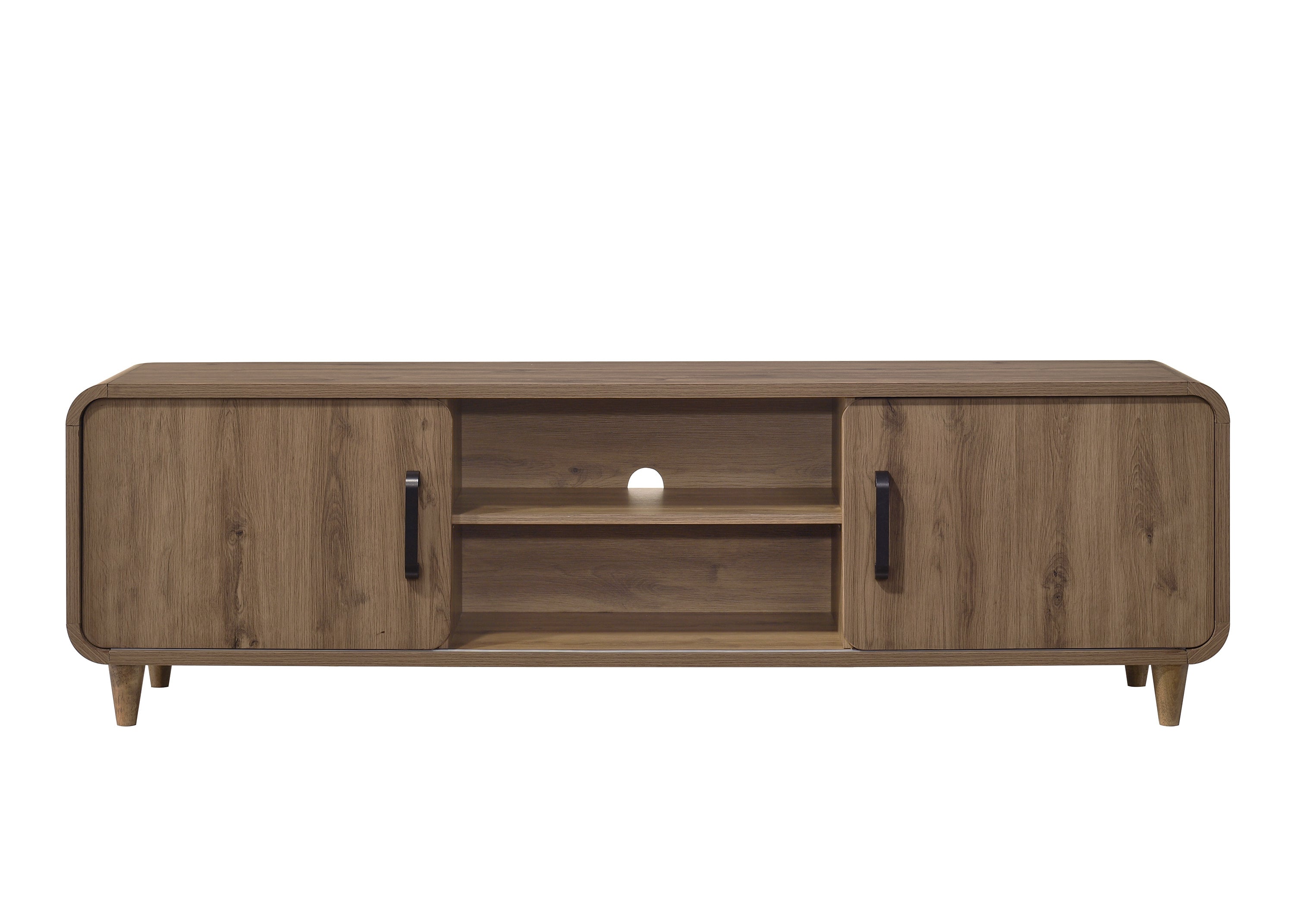 Mid-century modern wooden media console in brown with sliding doors, black handles, open shelving, and tapered legs.