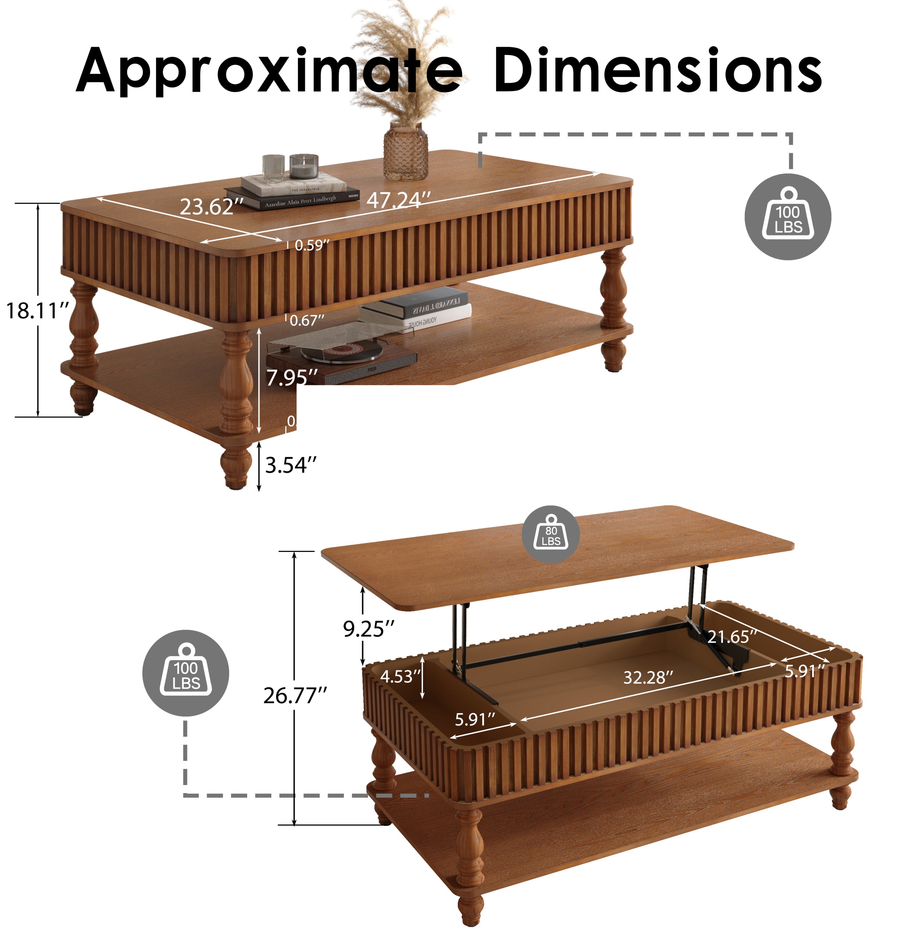 Dimensions of Vintage Brown Lift Top Coffee Table with Storage showing lift height, tabletop size, and weight capacity for each section.