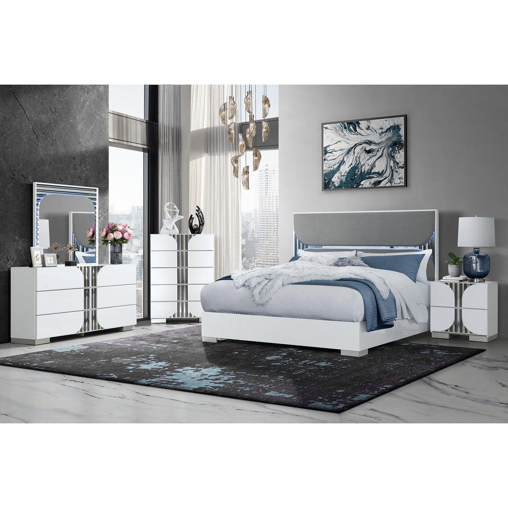 Contemporary bedroom set featuring Sasha White Nightstand with chrome and solid wood, paired with matching bed and dressers.