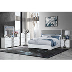 Contemporary bedroom set featuring Sasha White Nightstand with chrome and solid wood, paired with matching bed and dressers.