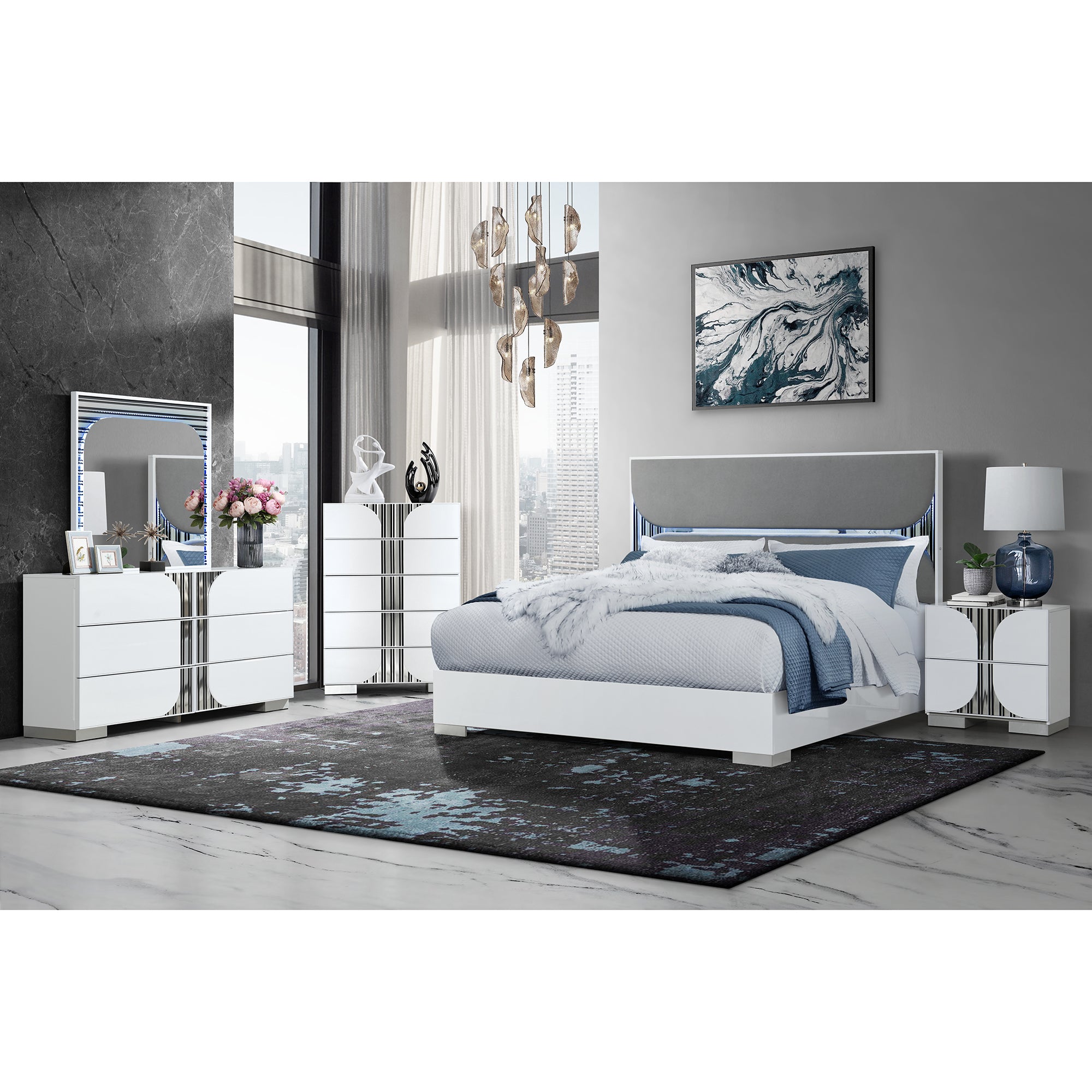 Contemporary bedroom set featuring Sasha White Nightstand with chrome and solid wood, paired with matching bed and dressers.