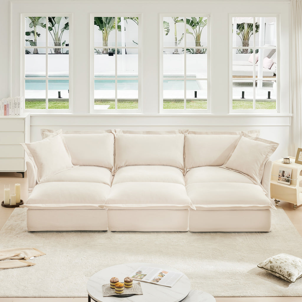 Cream Chenille 3-Seater Sofa with 3 Ottomans for Modern Living