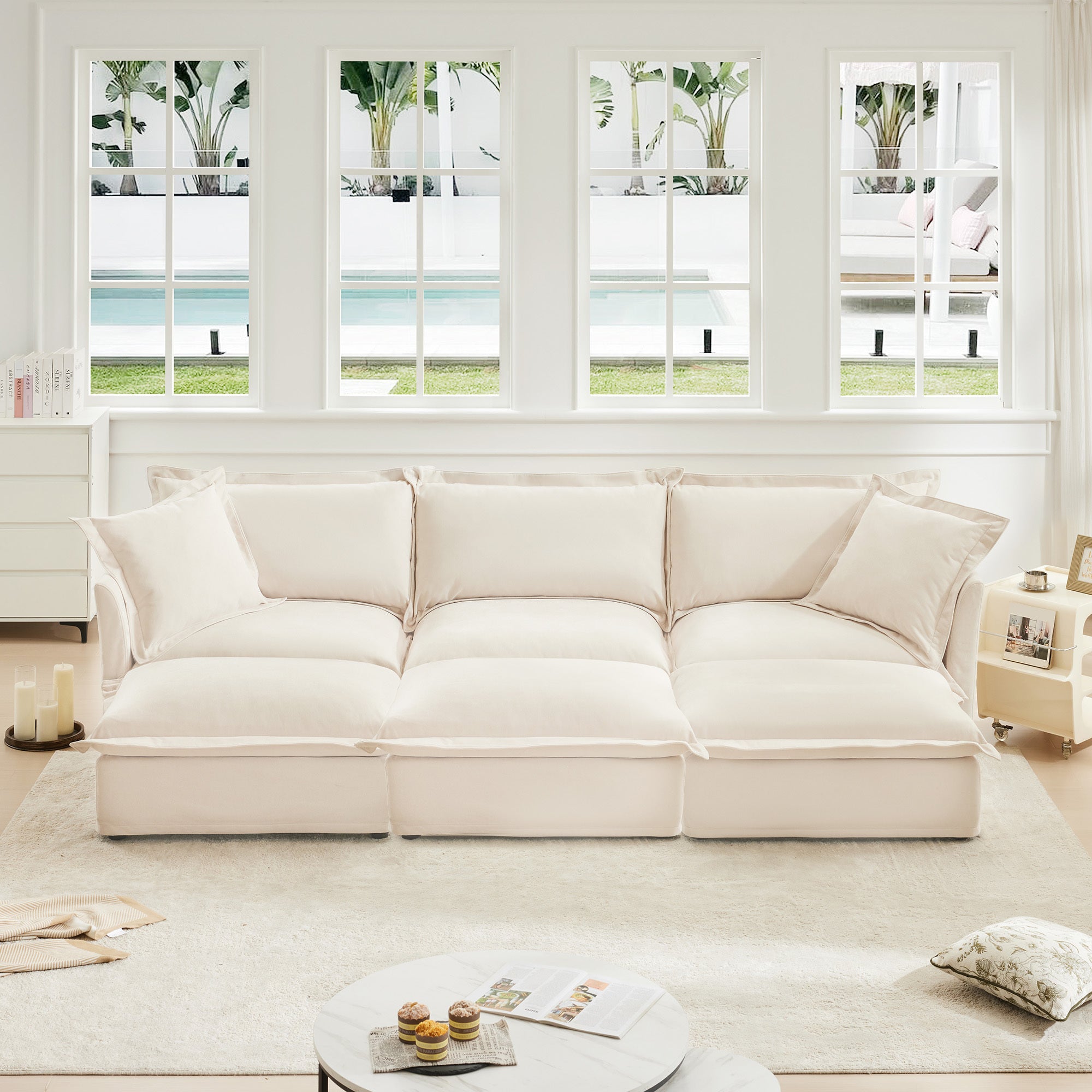 Cream Chenille 3-Seater Sofa with 3 Ottomans for Modern Living