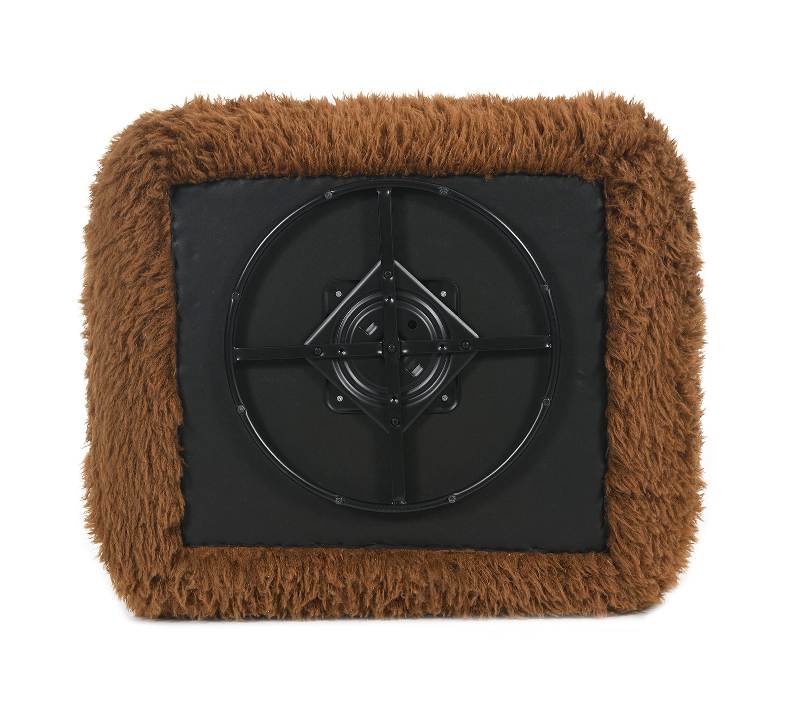 Bottom view of the Accent Swivel Chair revealing the 360-degree swivel base mechanism, surrounded by camel brown faux fur upholstery.
