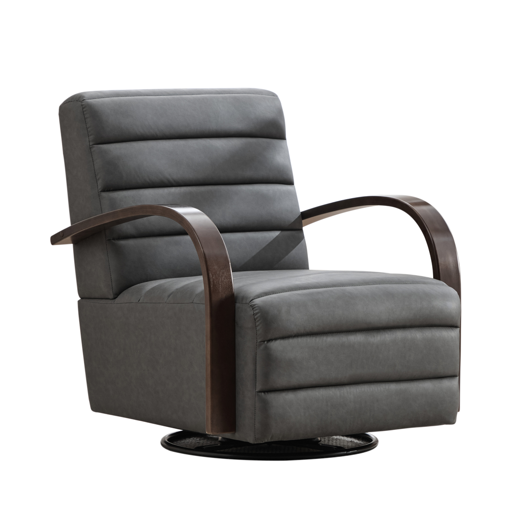 Modern Upholstered 360° Swivel Accent Chair with Solid Wood Armrests, Comfy Channel Tufted Lounge Reading Chair, Gray PU, 30.3'W.