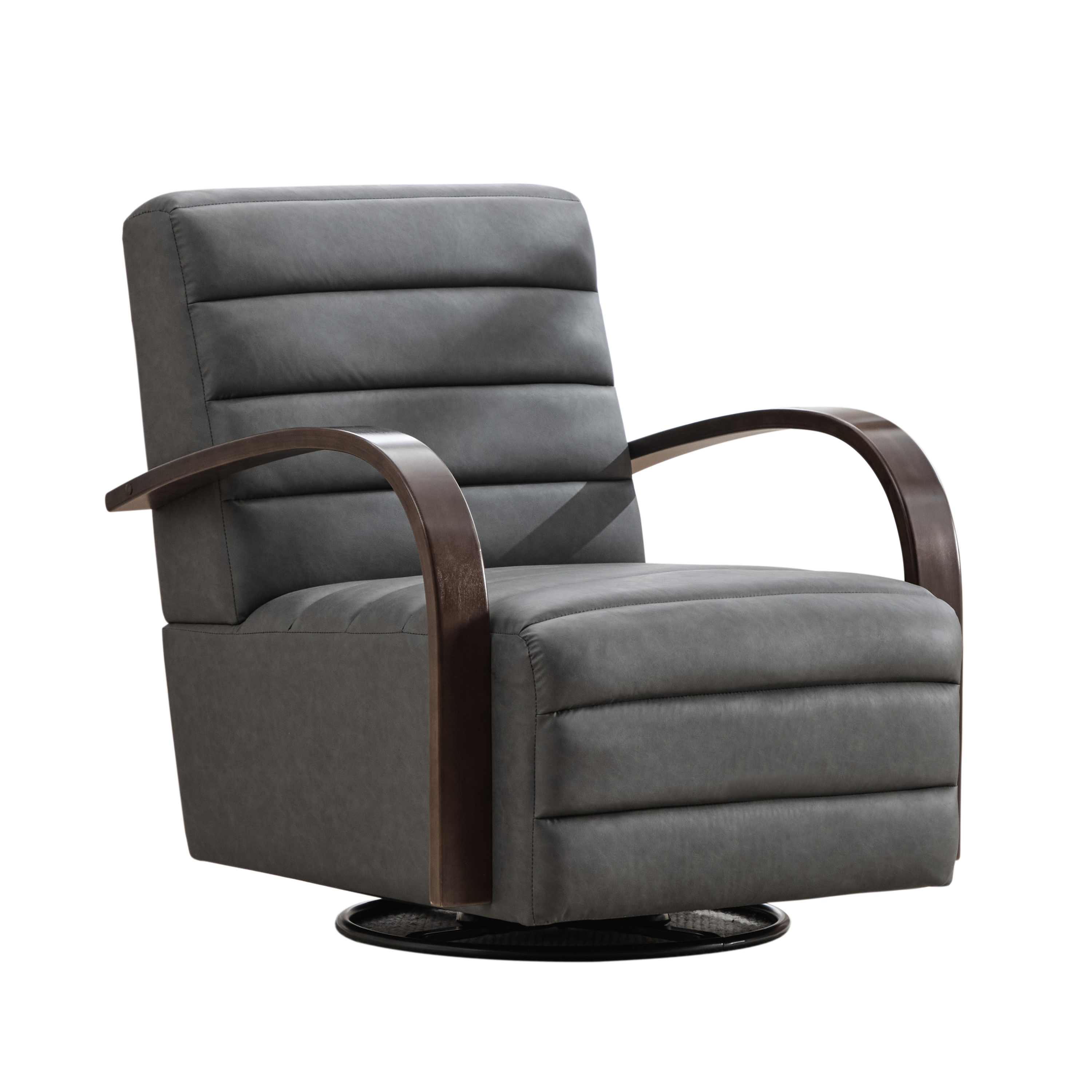 Modern Upholstered 360° Swivel Accent Chair with Solid Wood Armrests, Comfy Channel Tufted Lounge Reading Chair, Gray PU, 30.3'W