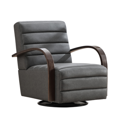 Modern Upholstered 360° Swivel Accent Chair with Solid Wood Armrests, Comfy Channel Tufted Lounge Reading Chair, Gray PU, 30.3'W