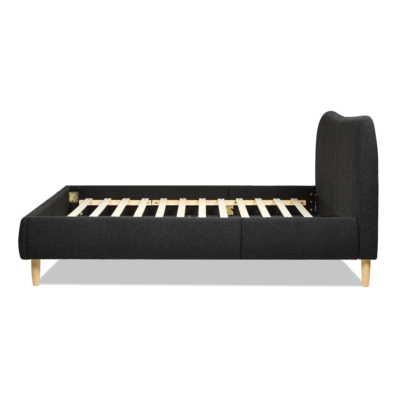 Side view of Curved Upholstered Platform Bed Queen, Ebony Black Boucle showing wooden slats and curved headboard design.