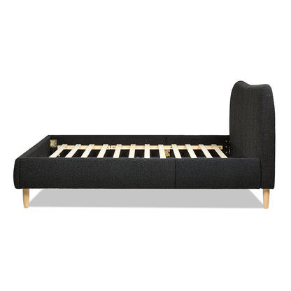 Side view of Curved Upholstered Platform Bed Queen, Ebony Black Boucle showing wooden slats and curved headboard design.