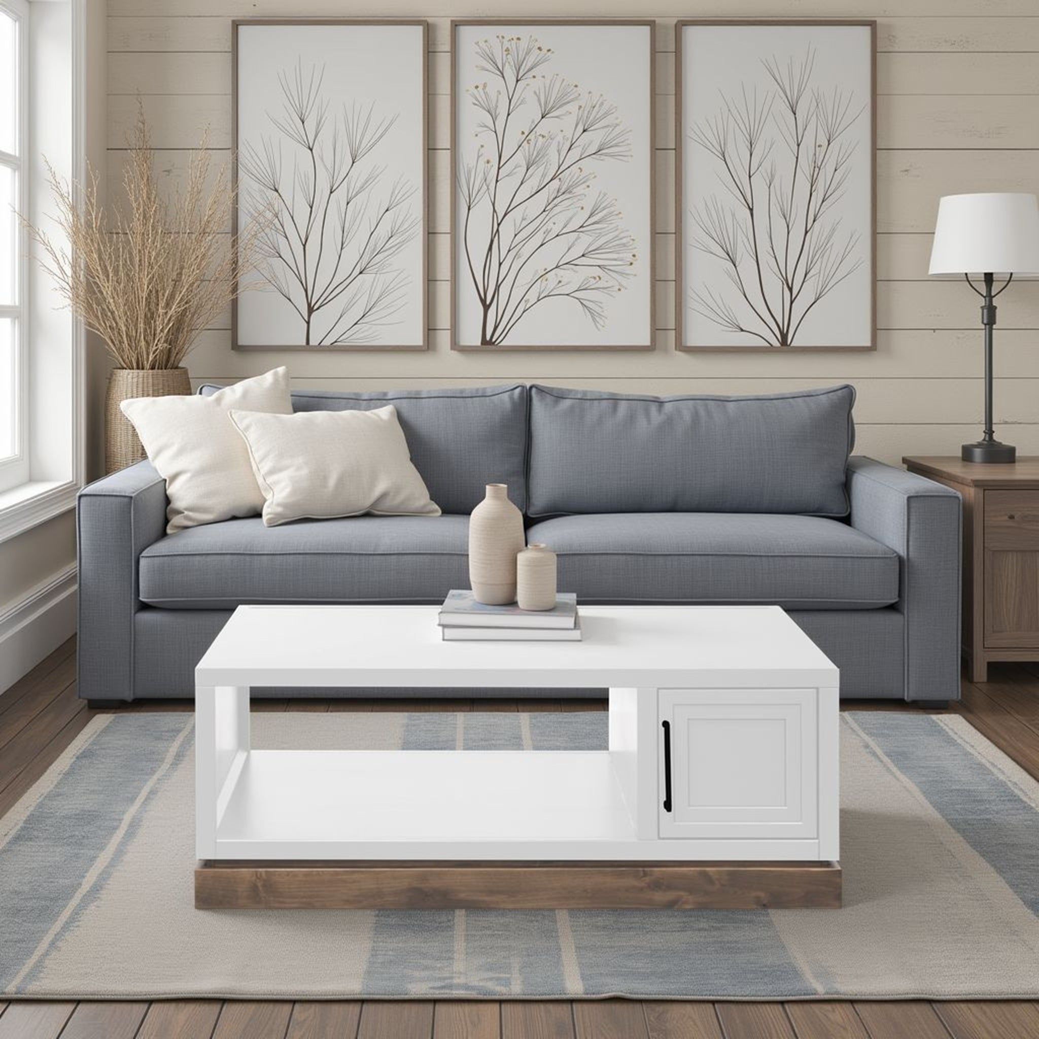 Nora 48 inch Coffee Table - Jasmine White Barnwood placed in a cozy living room with gray sofa and neutral decor, offering hidden storage.