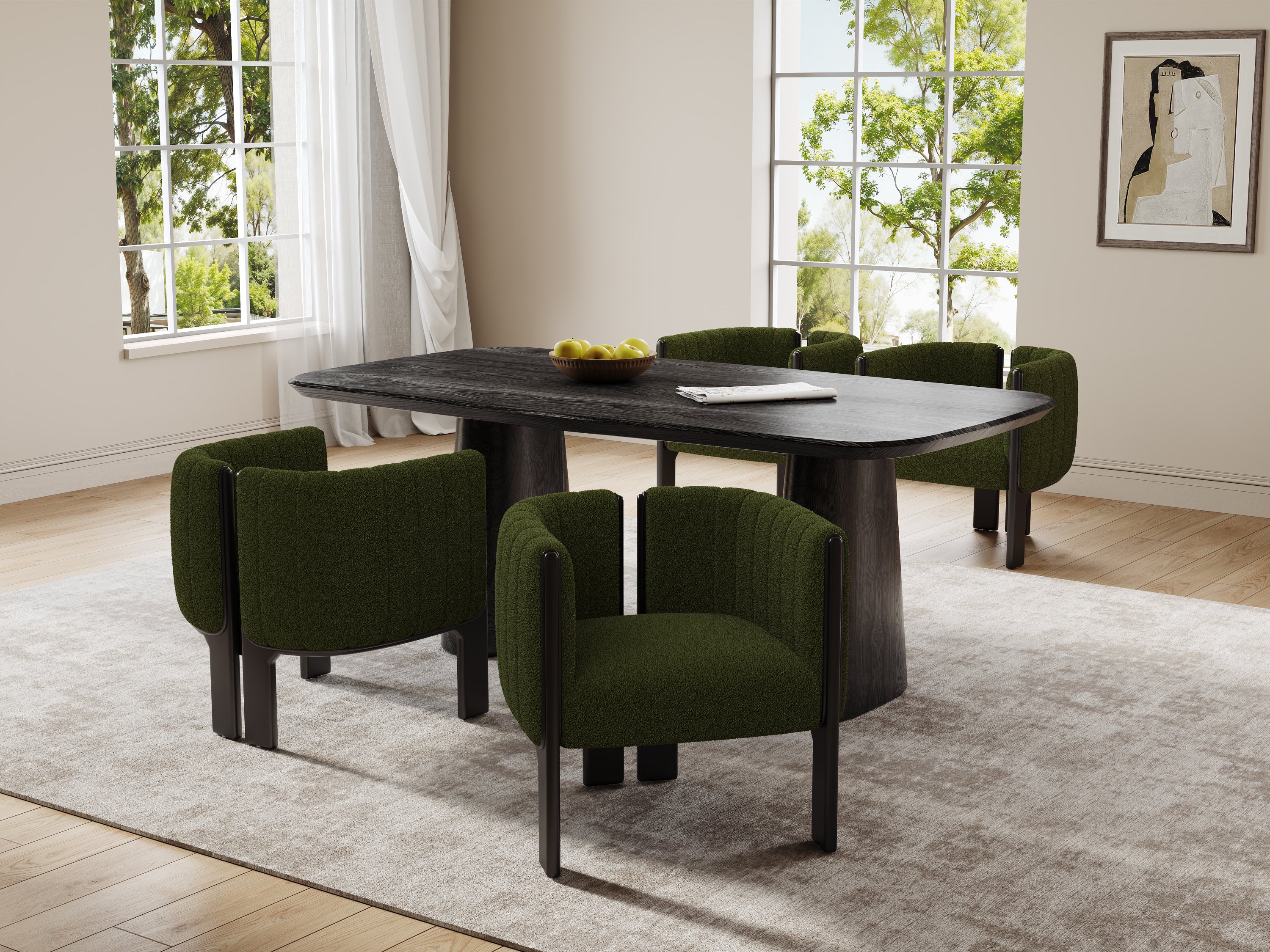 Contemporary olive green dining chairs set with durable black rubber wood frames, arranged around a modern table. Perfect for modern interiors, 225lbs capacity.