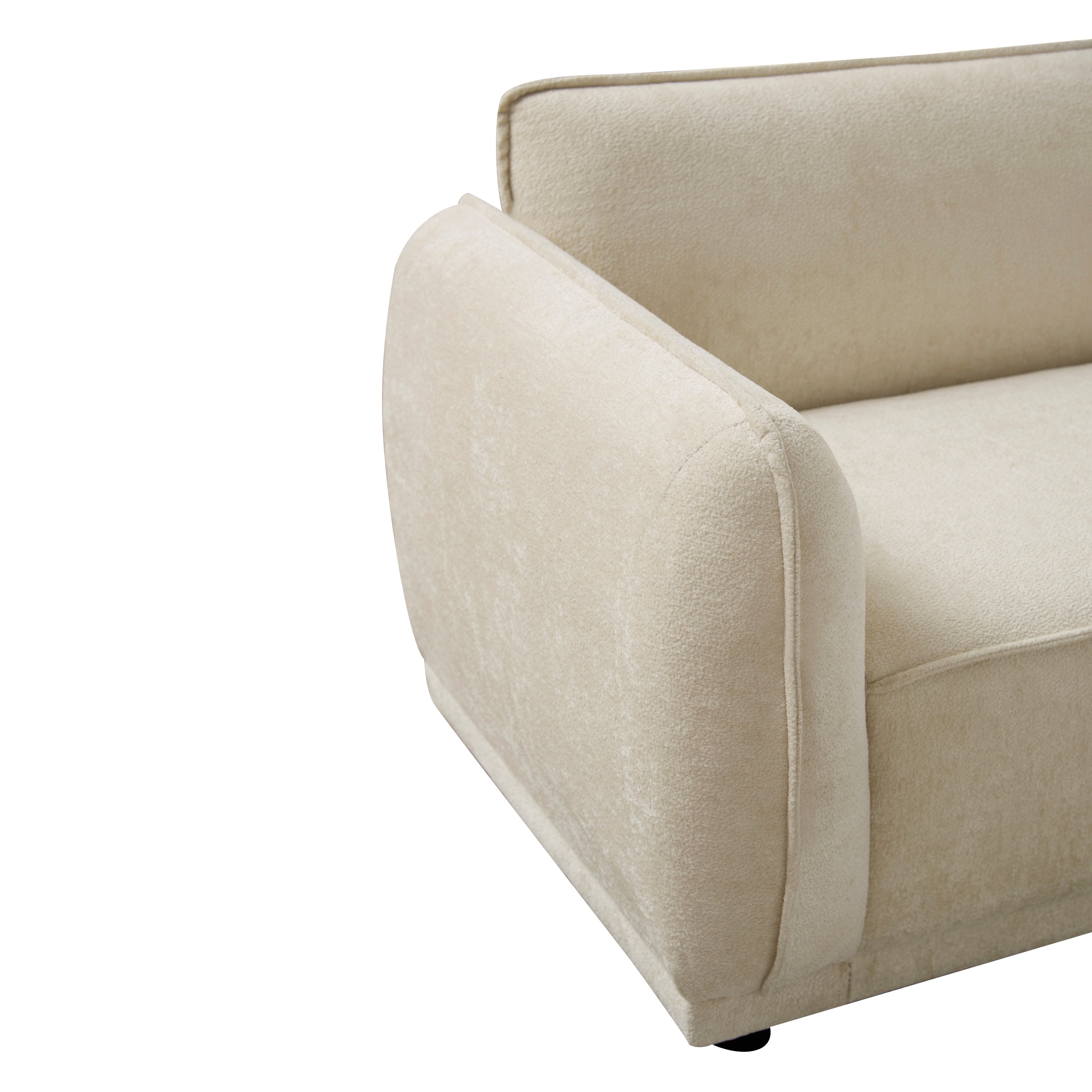 Close-up of the armrest on the Oslo 84' Round Arm 3 Seater Modern Upholstered Boucle Sofa showing detailed stitching and soft texture.