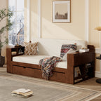 Queen Multifunctional Daybed in espresso finish with cream cushion, featuring built-in shelves and underbed drawer for storage.