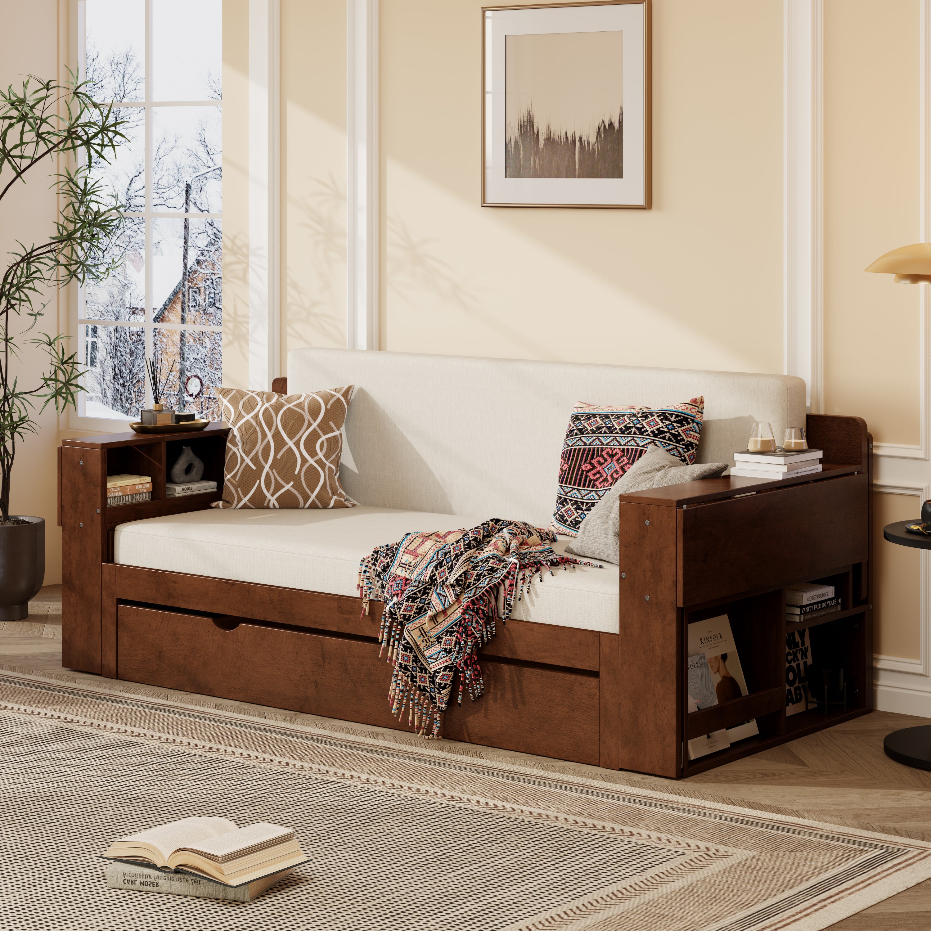Queen Multifunctional Daybed in espresso finish with cream cushion, featuring built-in shelves and underbed drawer for storage.
