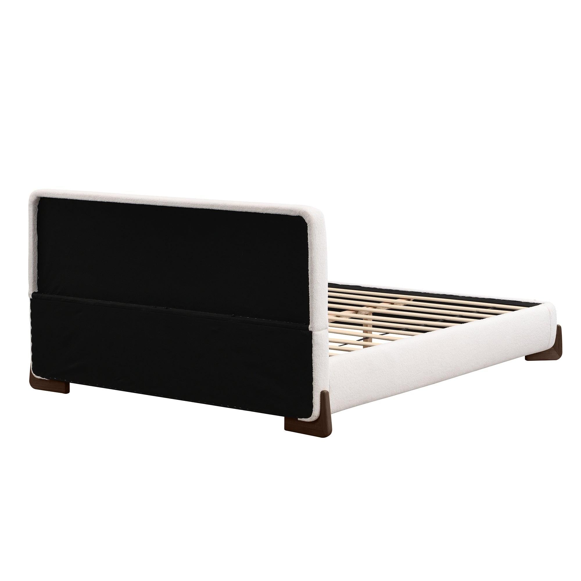White Upholstered Queen Bed with Solid Wood Legs.