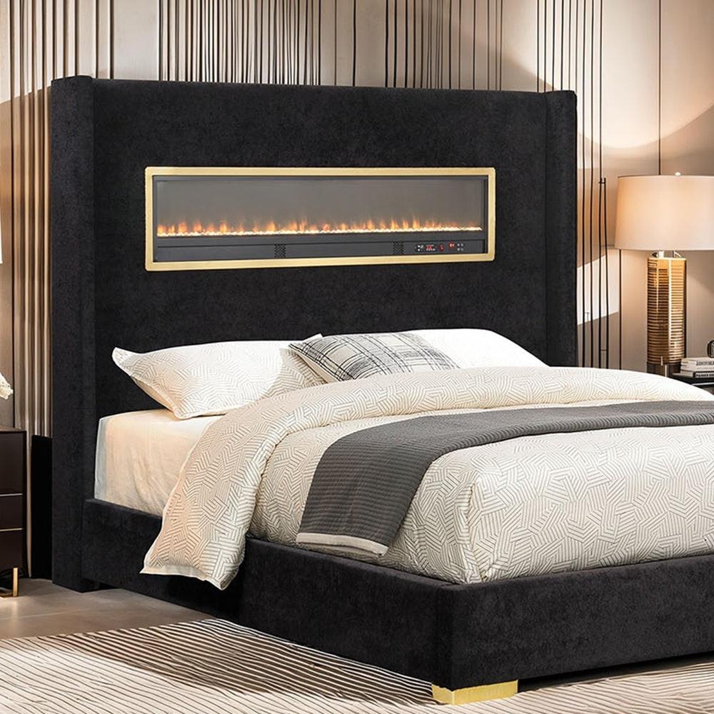 Contemporary Style Black Color 1pc Queen Size Bed Upholstered Fabric Bedframe Bedroom Furniture 3D Fireplace HB.