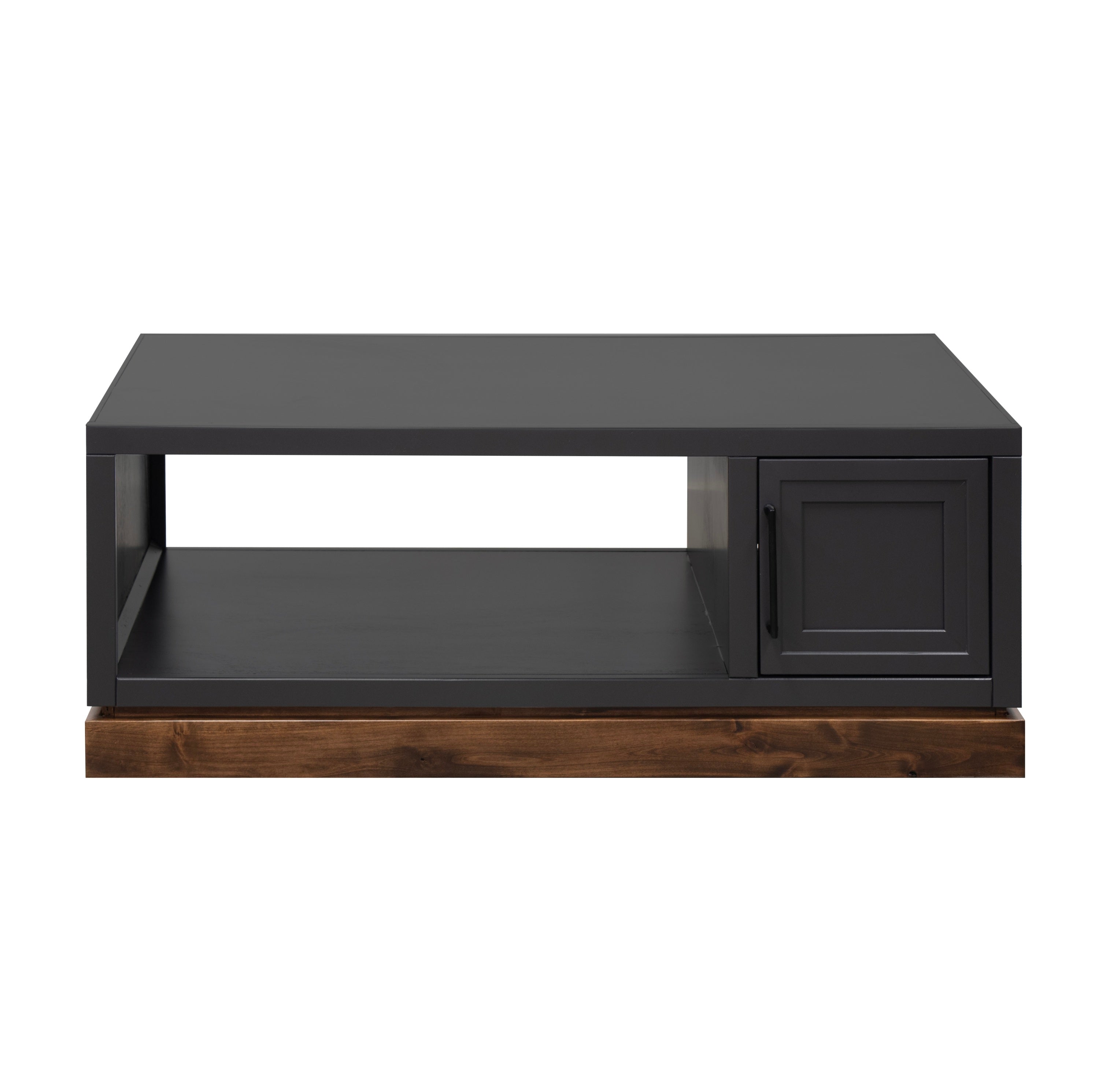 Nora Coffee Table - No Assembly Required | Black Finish featuring sleek black top, whiskey wood base, open shelf, and side cabinet for storage.