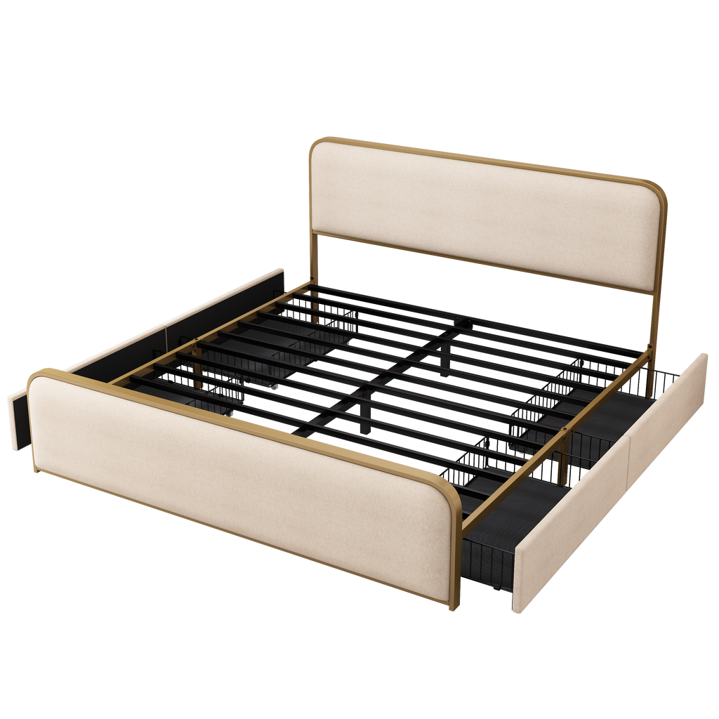 King Metal Bed Frame with Storage Drawers and Upholstered Headboard.
