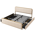King Metal Bed Frame with Storage Drawers and Upholstered Headboard.