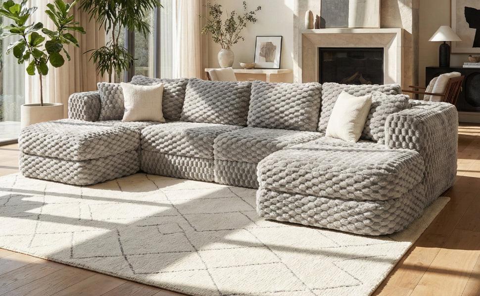 Modular Sectional Sofa Grey Bubble Velvet with Movable Ottomans.