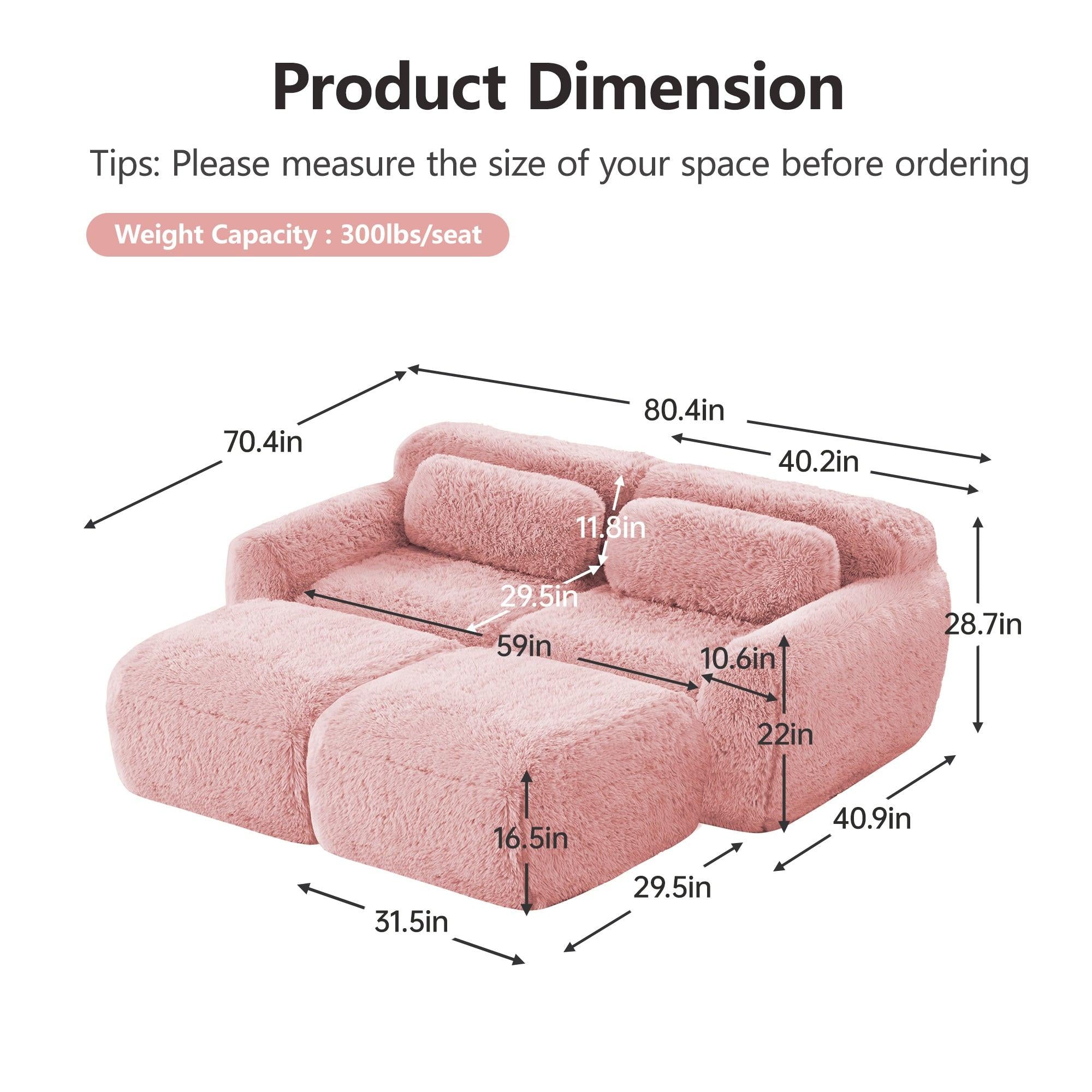 Pink Modular Plush Sofa - No Assembly, Non-slip, With Ottoman.