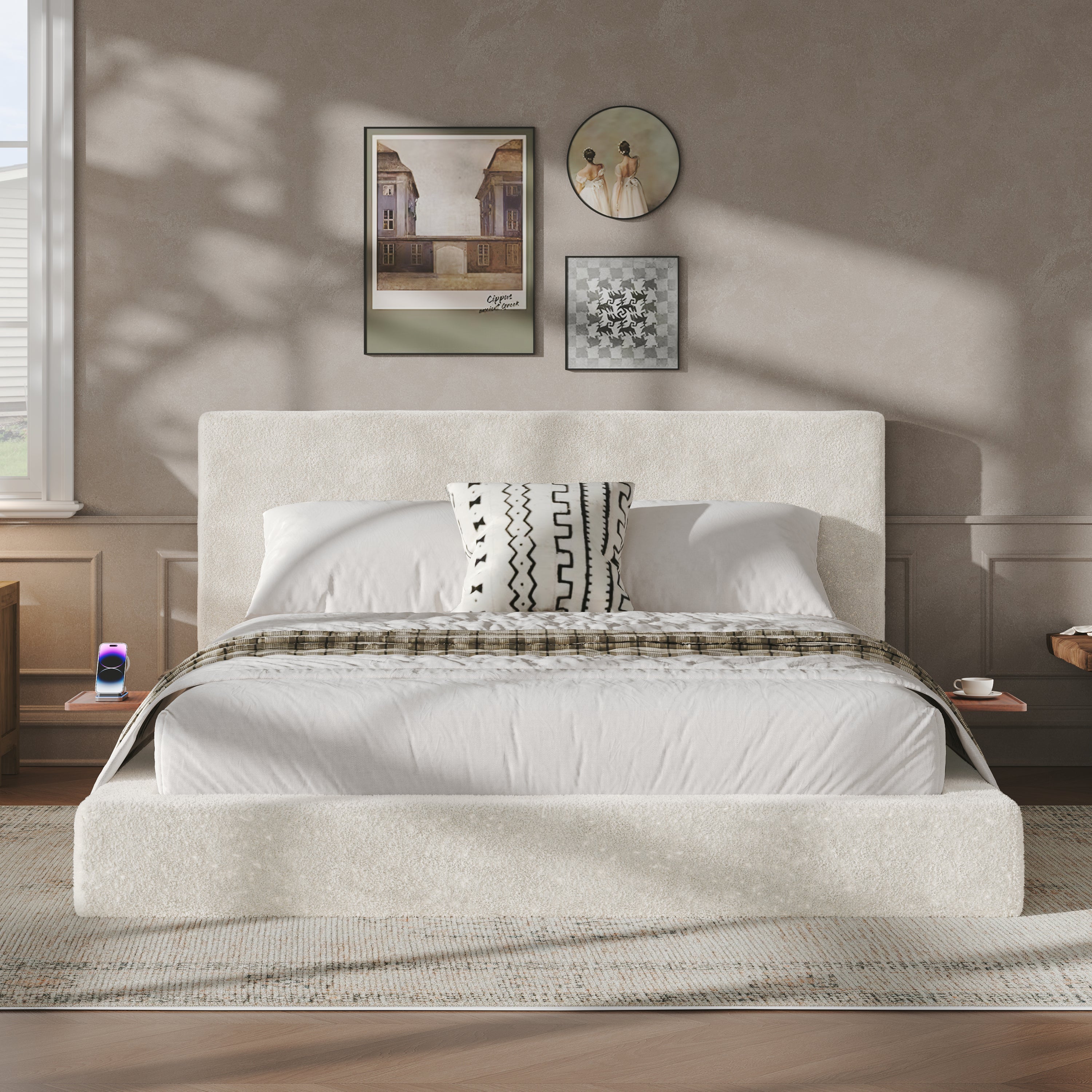AirFrame Off-White Chenille Queen Bed with Integrated Sliding Table