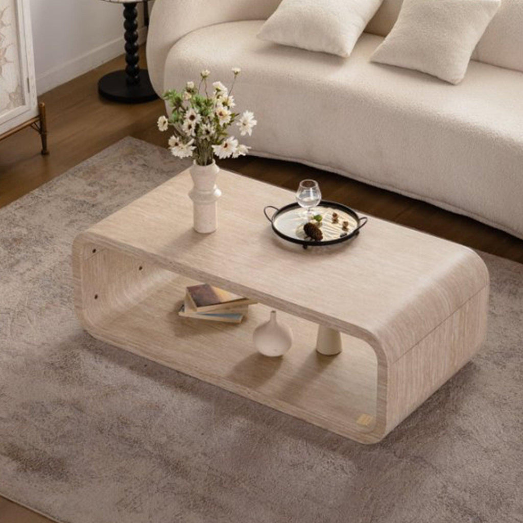 Modern Light Wood Coffee Table with Open Storage.
