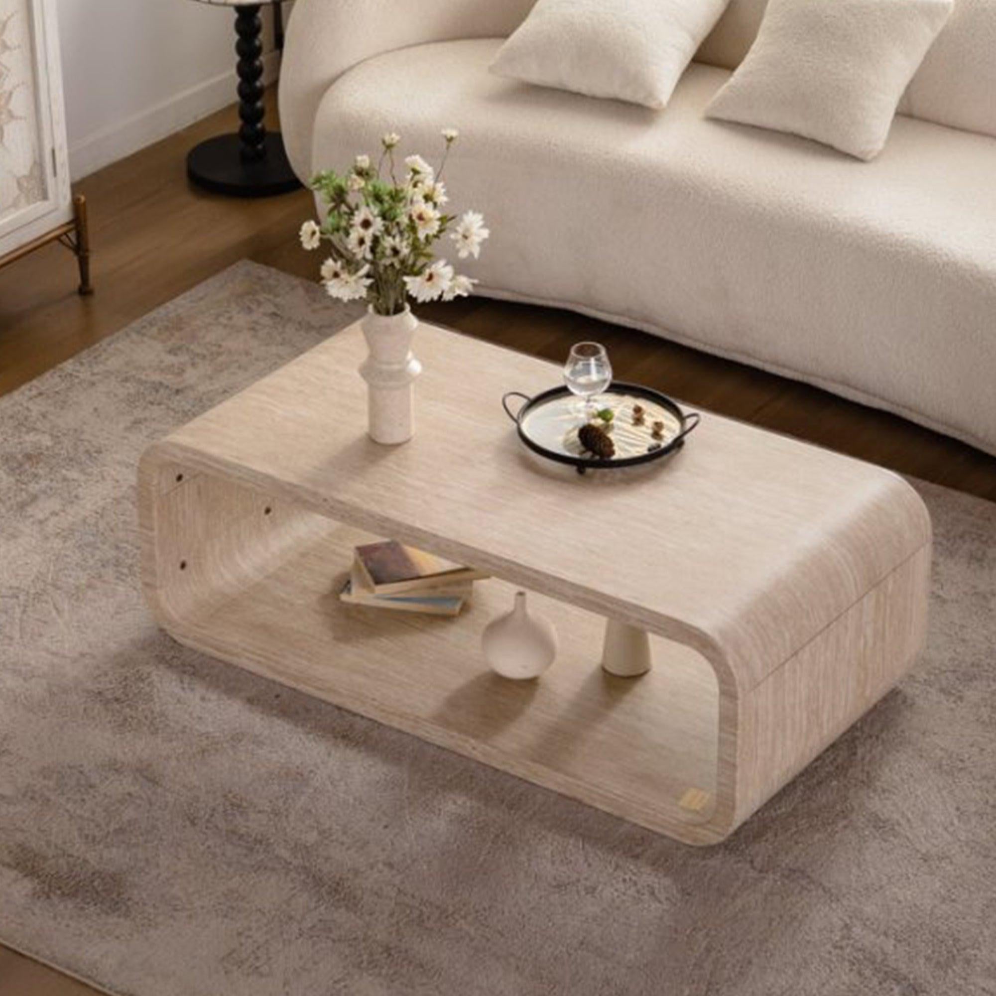 Modern Light Wood Coffee Table with Open Storage.