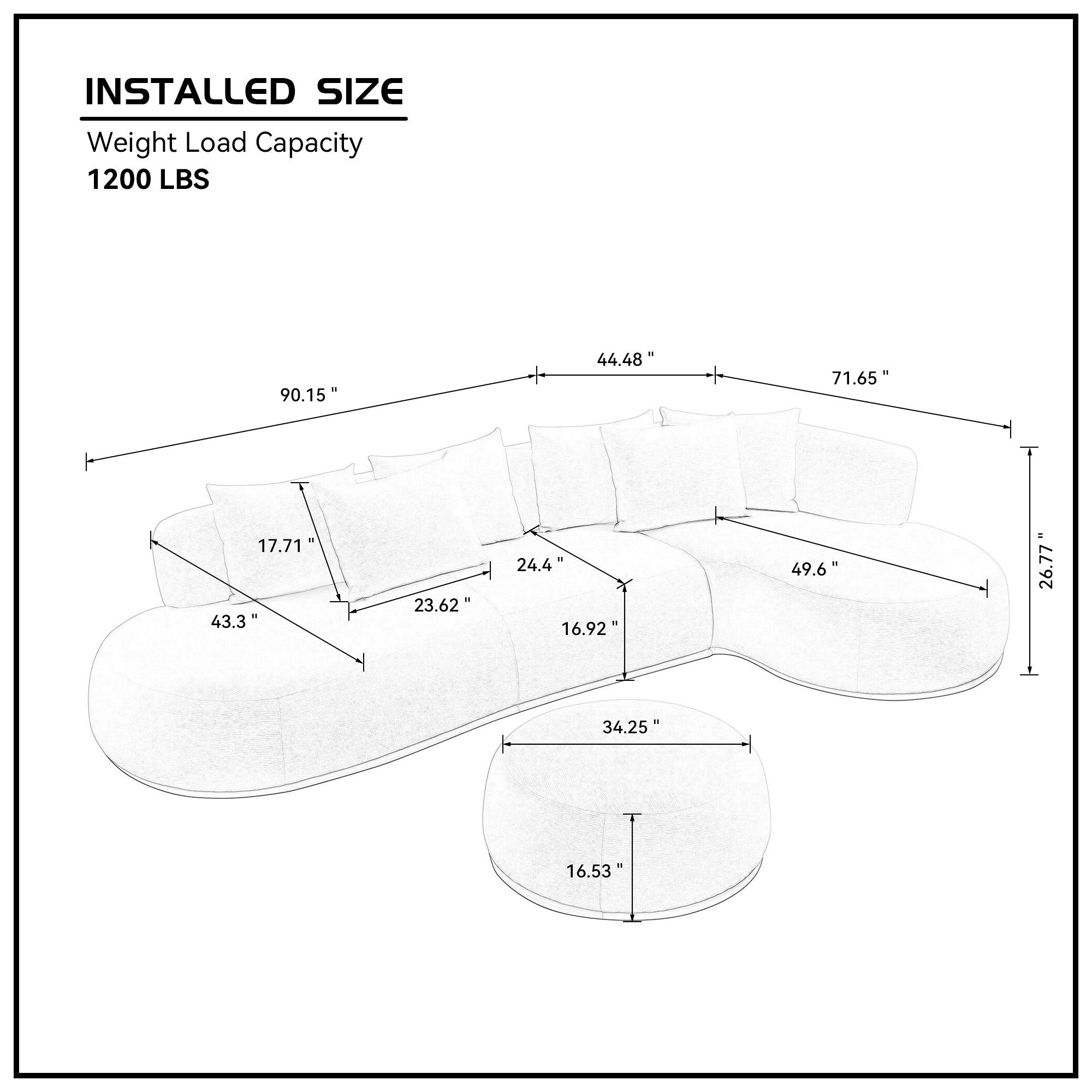 Dimension diagram of 134.63'' Oversized L-Shape Sectional Sofa with ottoman, showing measurements and 1200 lbs weight capacity.