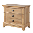 Farmhouse Oak Nightstand - Wood, 3-Drawers, Easy Assembly. Angled view showing rubberwood frame and pecan veneer finish.