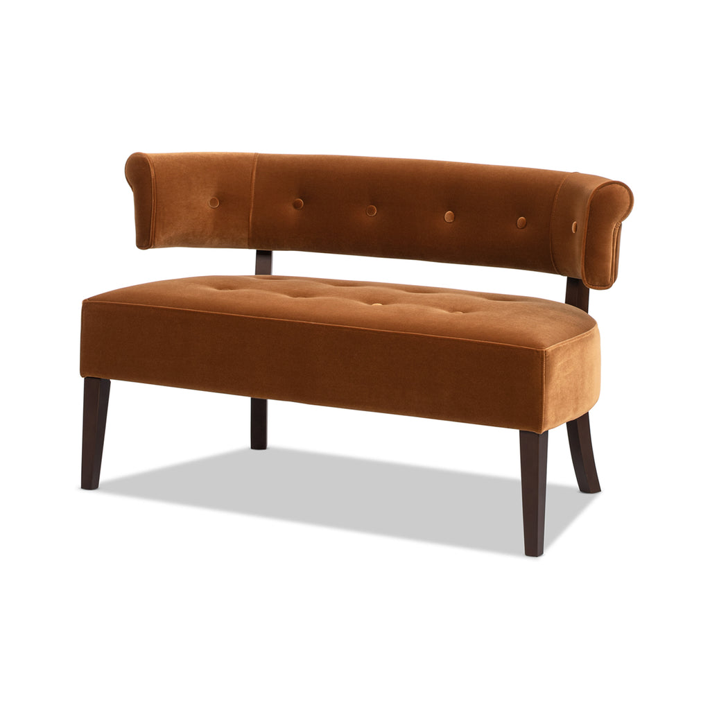 Burnt Orange Velvet Bench with durable hardwood legs and retro tufted design, isolated on white background for product display.