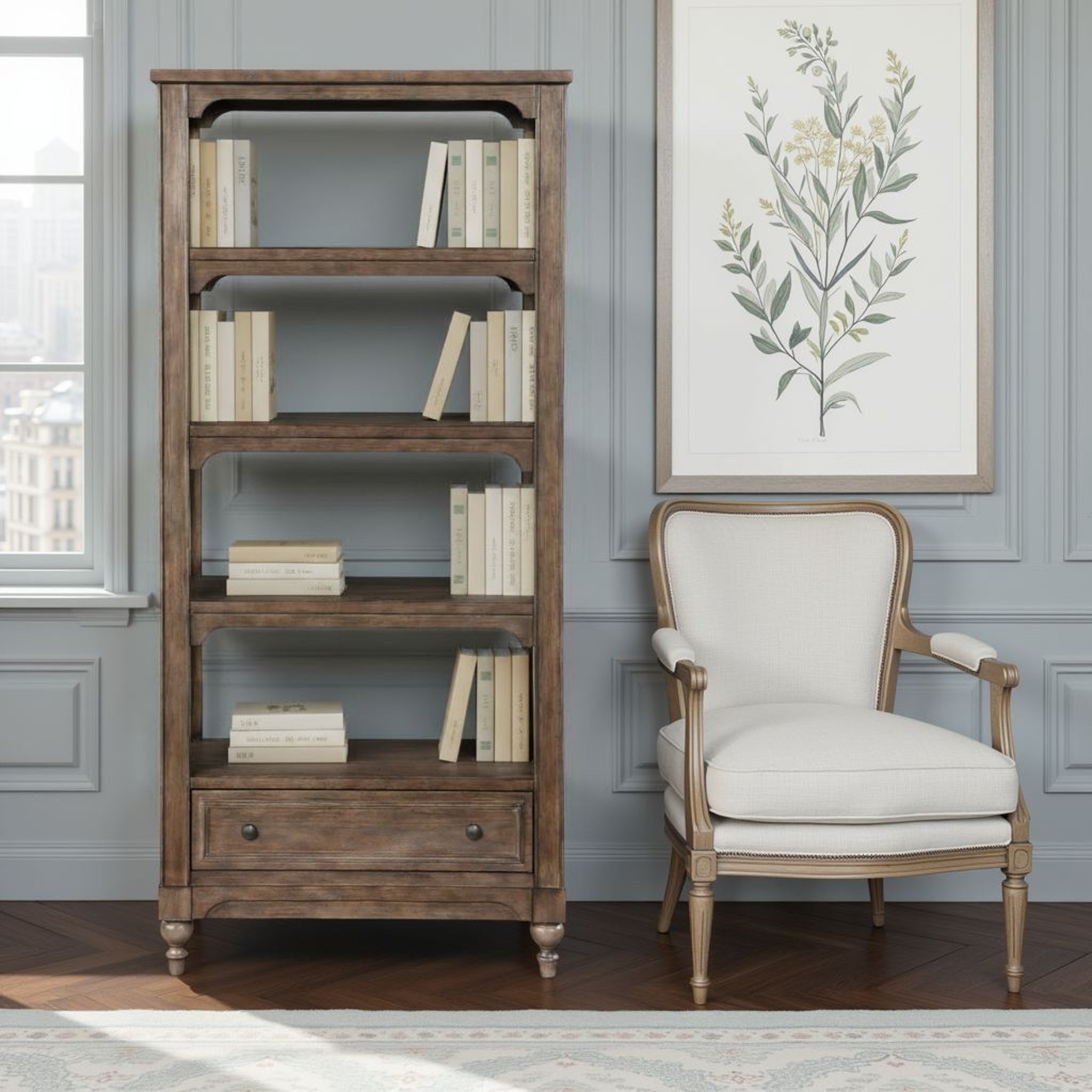 Middleton 78-Inch Wood Bookshelf with Drawer in Vintage Hazel Finish