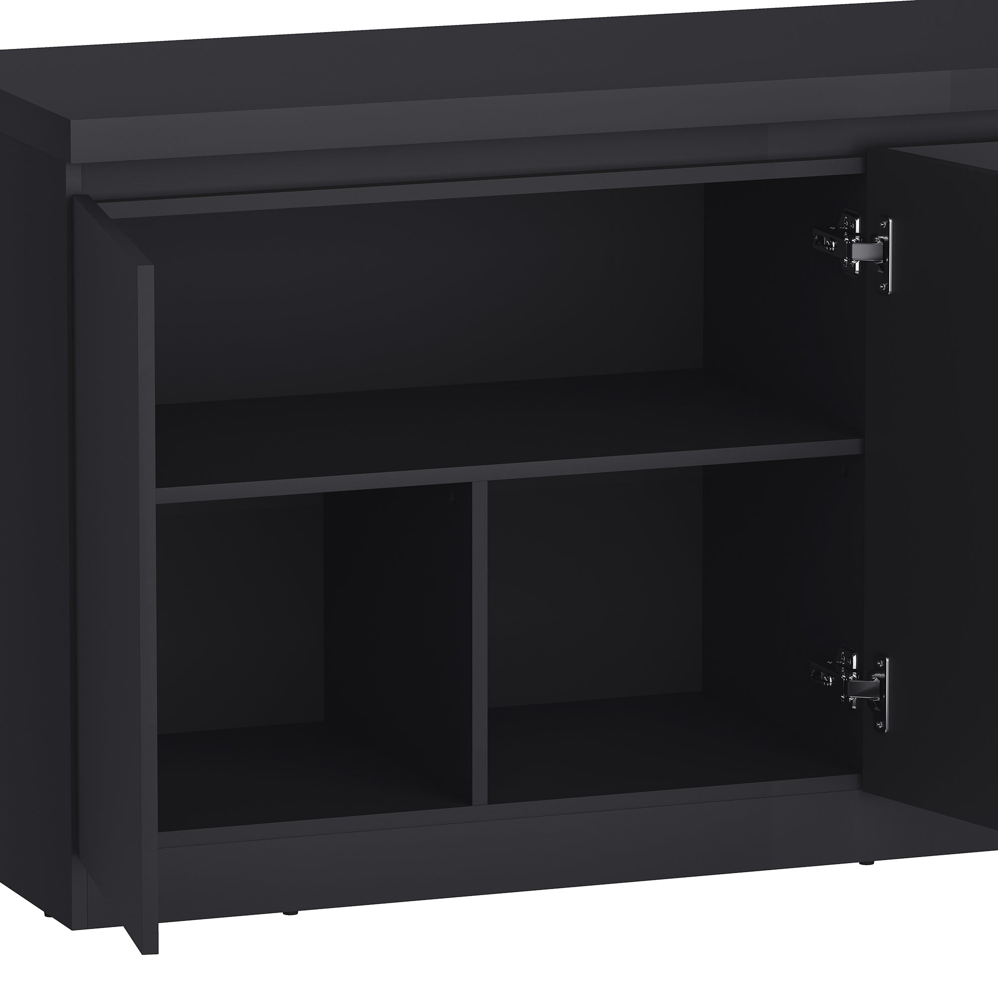 Close-up of the sideboard's interior shelving and door hinges. Durable and modern black sideboard 62" for organized storage.