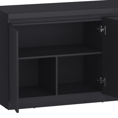 Close-up of the sideboard's interior shelving and door hinges. Durable and modern black sideboard 62" for organized storage.