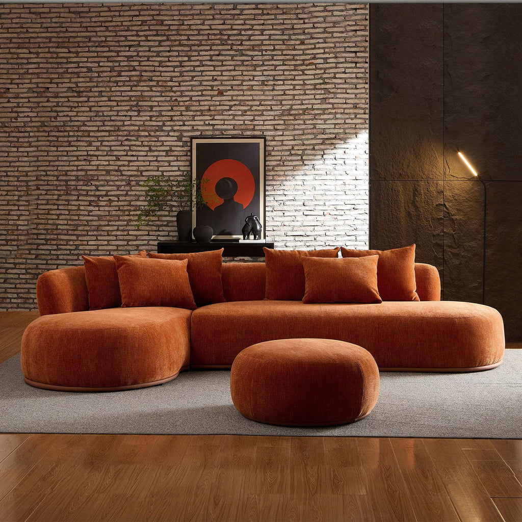 Oversized L-Shape Sofa with Ottoman in Orange.