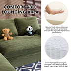 Green Corduroy Sofa with Cushions and Pillows.
