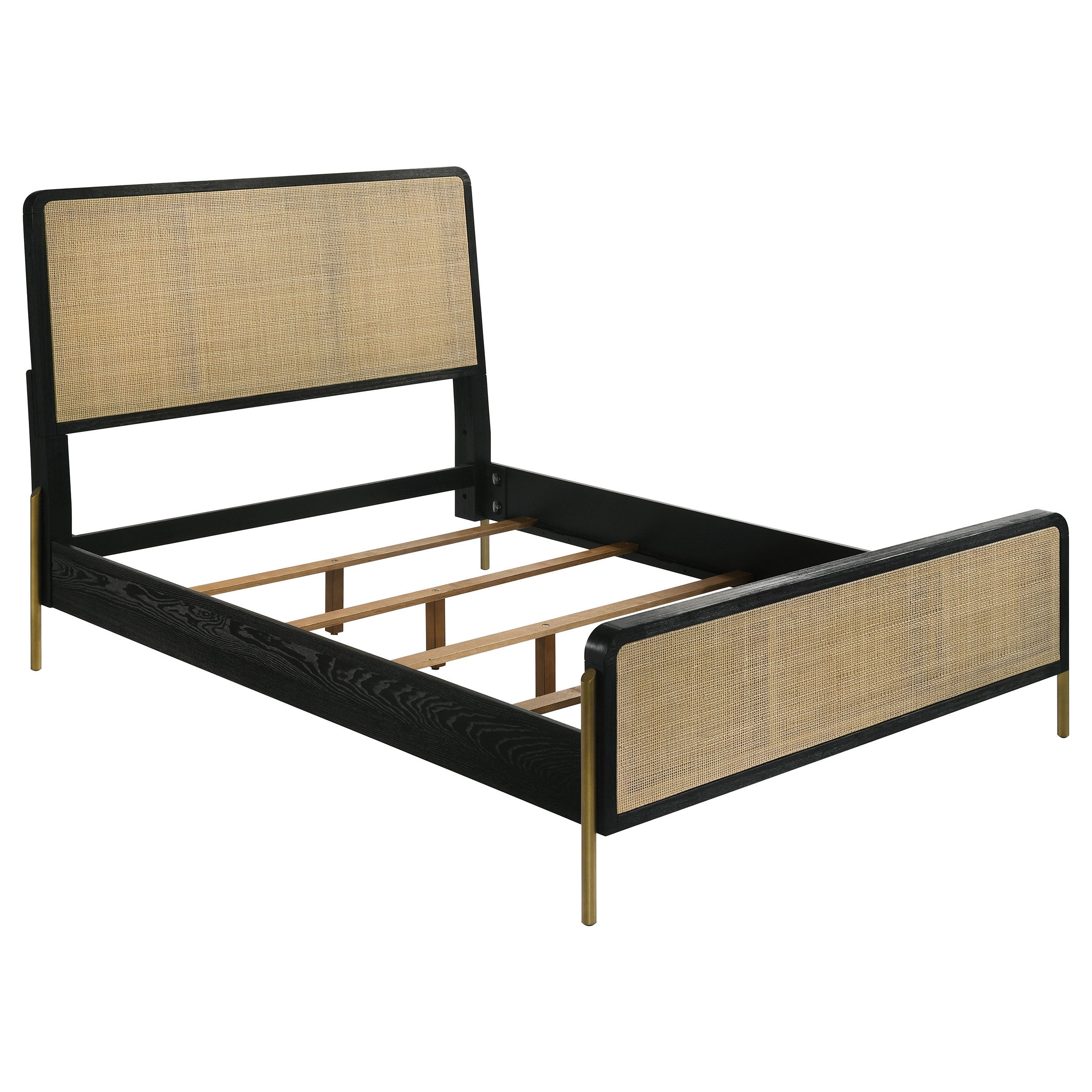 Black queen bed frame with natural woven rattan panels, rounded corners, and slim metallic gold legs on a white background.