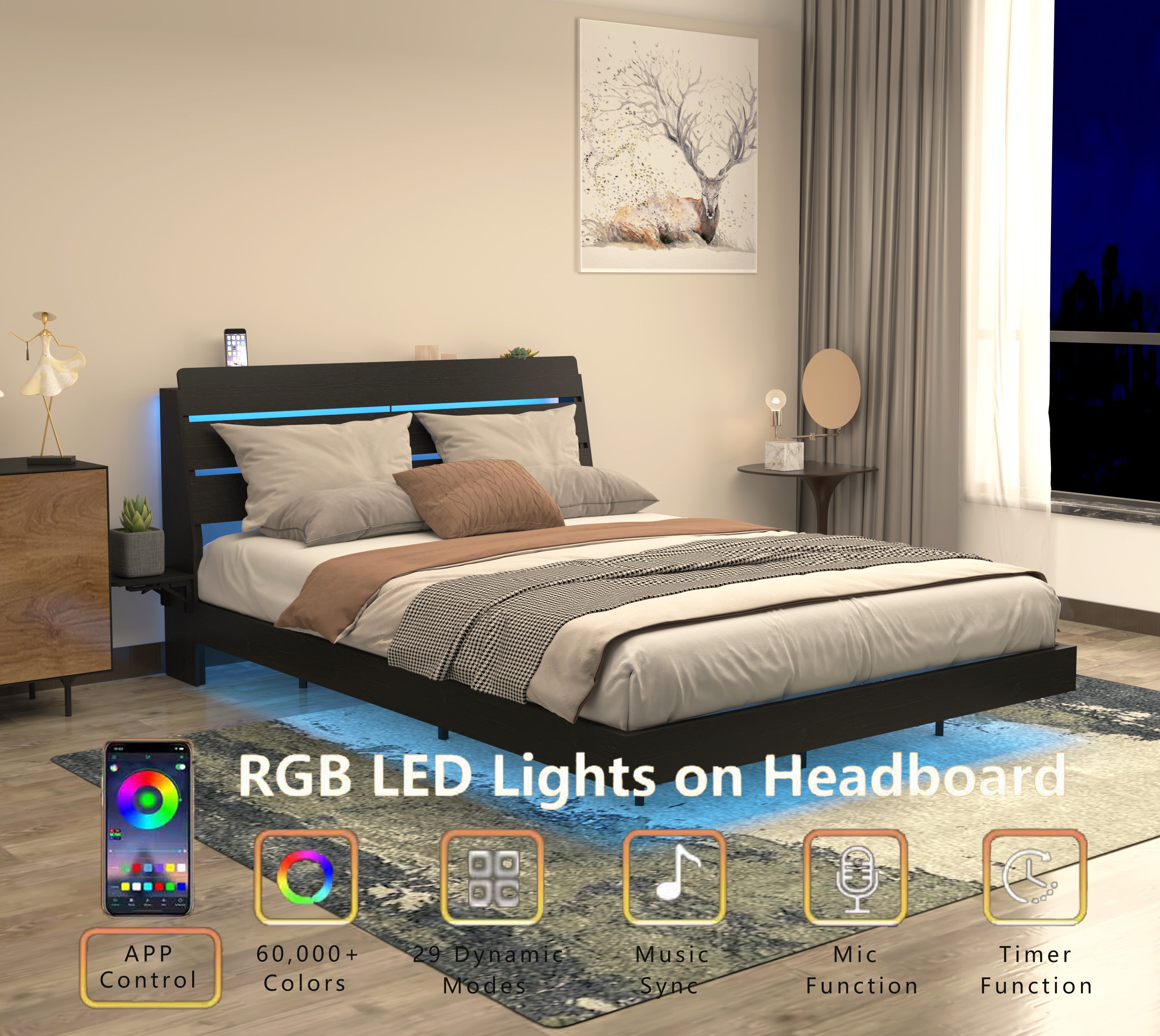 Queen Floating Bed Frame with LED headboard in night setting. RGB lighting offers 60,000+ colors and dynamic modes via app control.