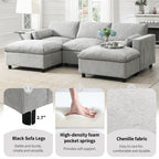 Chenille Modular Sofa - U-Shaped Couch with Storage features black legs, high-density foam, and soft chenille fabric for comfort and durability.