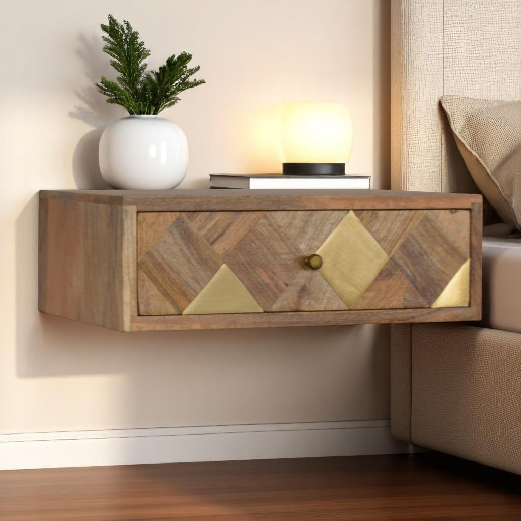 Solid Wood Wall-Mounted Brass Inlay Nightstand, 1-Drawer, Gold and Light Brown