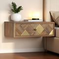 Solid Wood Wall-Mounted Brass Inlay Nightstand, 1-Drawer, Gold and Light Brown