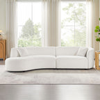 Front view of modern white bouclé curved sofa set with plush cushions, enhancing living room aesthetics with comfort and elegance.