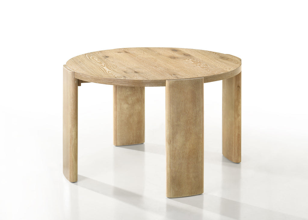 Bowen Oak Finish Round Dining Table on white background, showcasing natural wood grain and sturdy curved-leg construction.