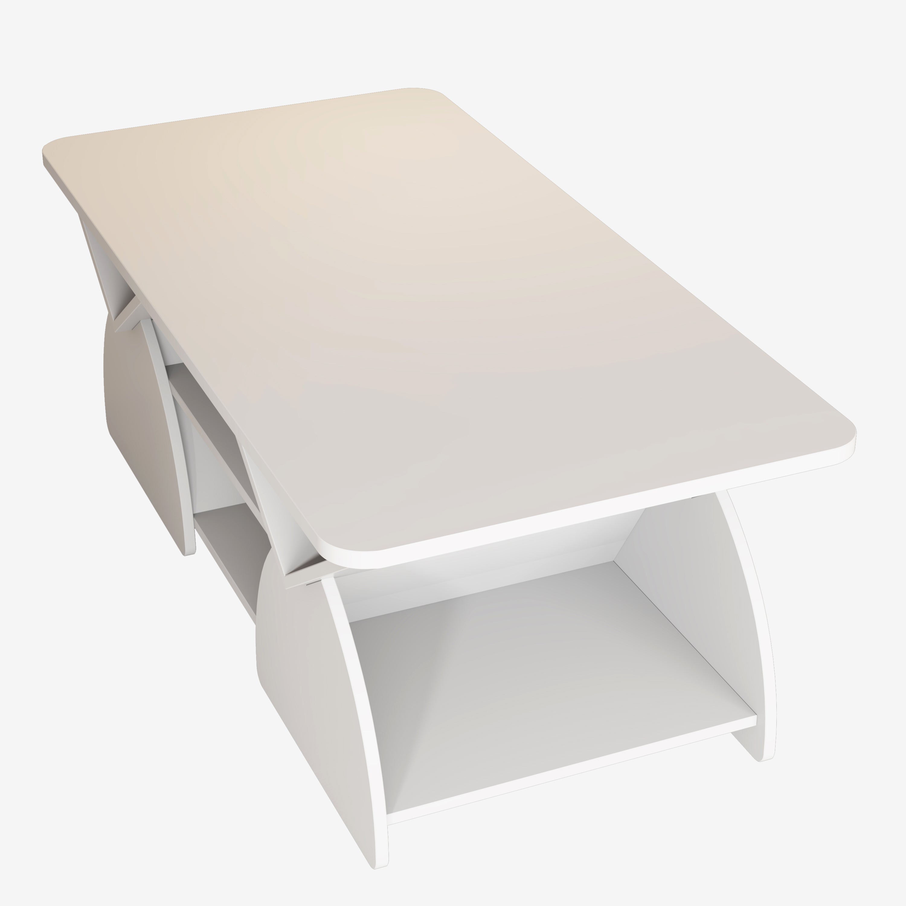 Angled top view of white engineered wood coffee table with open lower shelf. Minimalist design with ample storage.