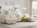Elegant modular sectional sofa with wide seats, storage, and console in a bright living room. Designed for comfort and convenience.