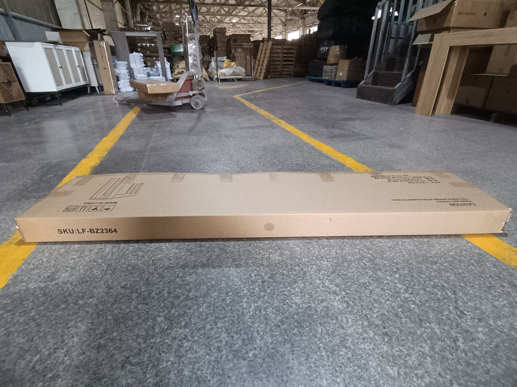 Flat-packed Farmhouse Oak Console Table - Extra-Long Entryway Table in sealed cardboard box, ready for shipping or storage.